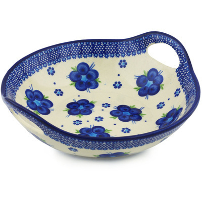 Polish Pottery Bowl with Handles 10&quot; Bleu-belle Fleur