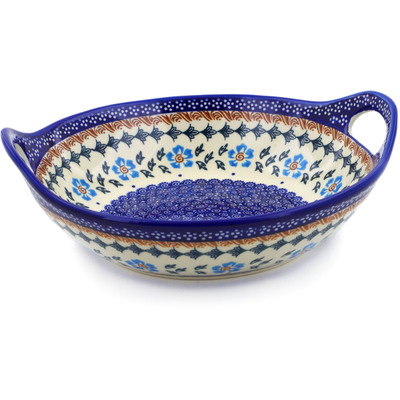 Polish Pottery Bowl with Handles 10&quot; Blue Cornflower