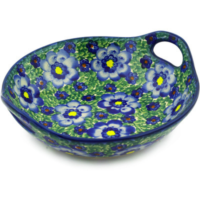 Polish Pottery Bowl with Handles 10&quot; Blue Daisies UNIKAT