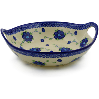 Polish Pottery Bowl with Handles 10&quot; Blue Poppies