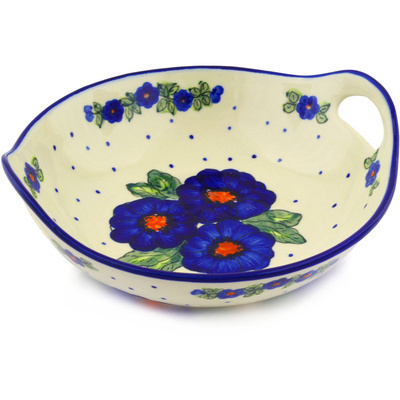 Polish Pottery Bowl with Handles 10&quot; Bold Blue Pansy