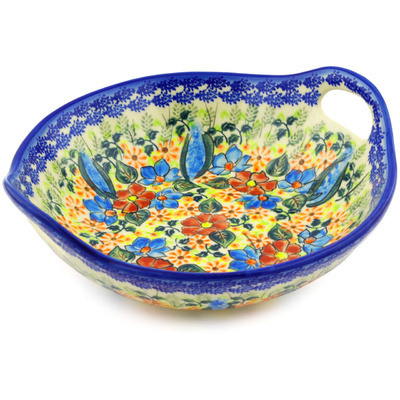 Polish Pottery Bowl with Handles 10&quot; Bold Poppies UNIKAT