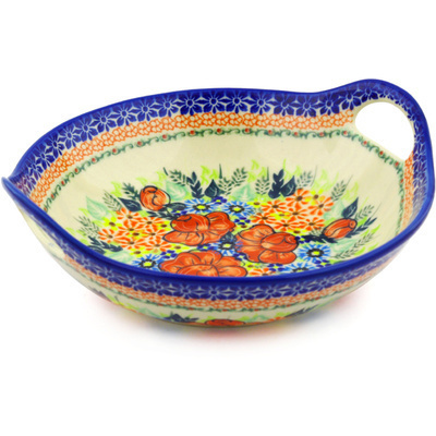 Polish Pottery Bowl with Handles 10&quot; Bold Poppies UNIKAT