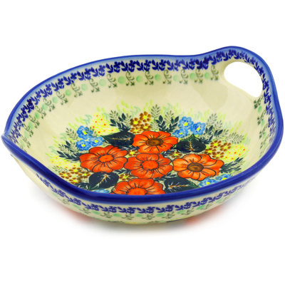 Polish Pottery Bowl with Handles 10&quot; Bold Red Poppies UNIKAT