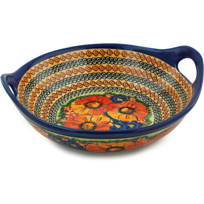 Polish Pottery Bowl with Handles 10&quot; Bright Beauty UNIKAT