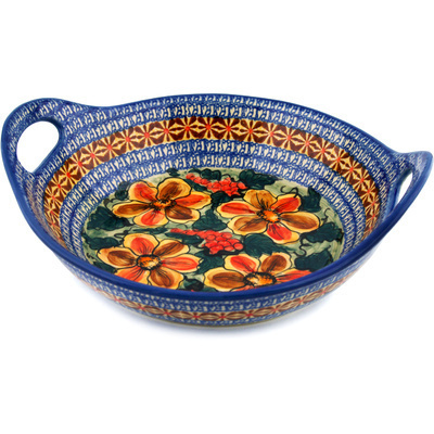 Polish Pottery Bowl with Handles 10&quot; Colorful Bouquet UNIKAT