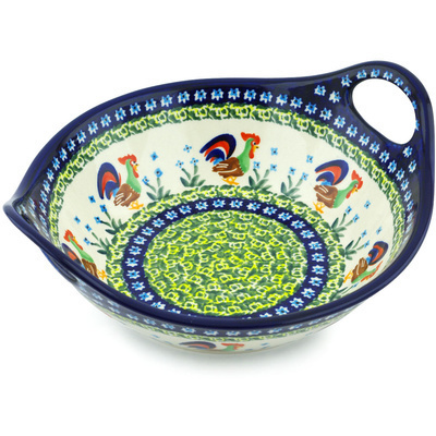 Polish Pottery Bowl with Handles 10&quot; Country Rooster UNIKAT