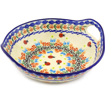Polish Pottery Bowl with Handles 10&quot; Fanciful Ladybug