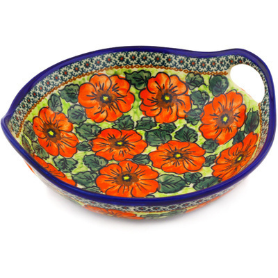 Polish Pottery Bowl with Handles 10&quot; Fiery Poppies UNIKAT