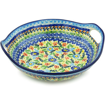 Polish Pottery Bowl with Handles 10&quot; Flor-de-lis UNIKAT