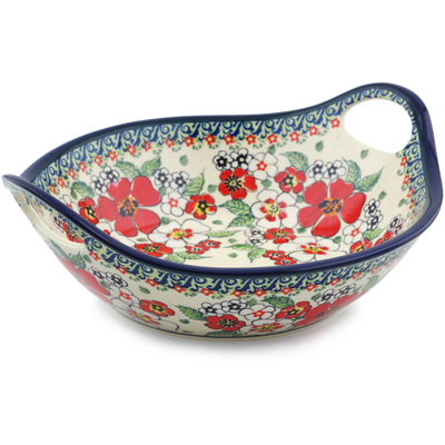 Polish Pottery Bowl with Handles 10&quot; Flower Heaven UNIKAT