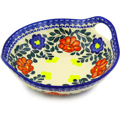 Polish Pottery Bowl with Handles 10&quot; Flower Party
