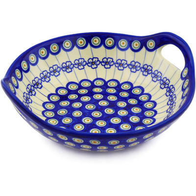 Polish Pottery Bowl with Handles 10&quot; Flowering Peacock