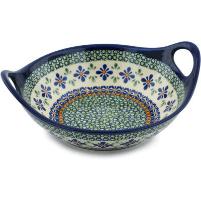 Polish Pottery Bowl with Handles 10&quot; Gingham Flowers