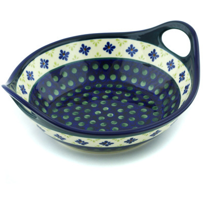 Polish Pottery Bowl with Handles 10&quot; Green Gingham Peacock