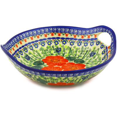 Polish Pottery Bowl with Handles 10&quot; Happiness UNIKAT