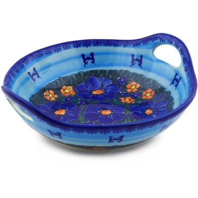 Polish Pottery Bowl with Handles 10&quot; Midnight Garden