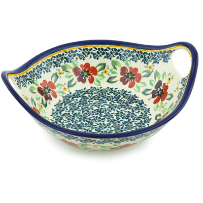 Polish Pottery Bowl with Handles 10&quot; Nightingale Flower