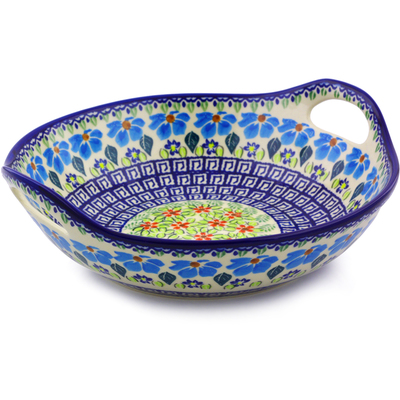 Polish Pottery Bowl with Handles 10&quot; Pansy Morning