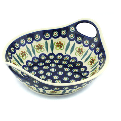 Polish Pottery Bowl with Handles 10&quot; Peacock Garden