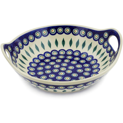 Polish Pottery Bowl with Handles 10&quot; Peacock