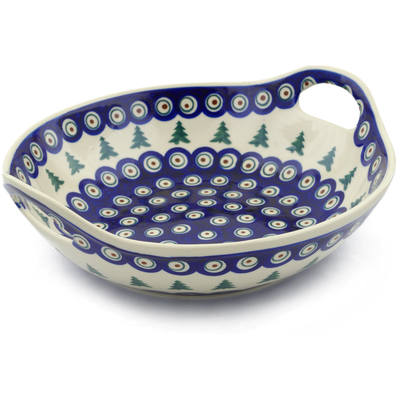 Polish Pottery Bowl with Handles 10&quot; Peacock Pines