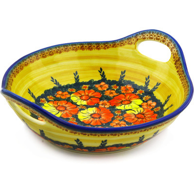 Polish Pottery Bowl with Handles 10&quot; Poppy Love UNIKAT