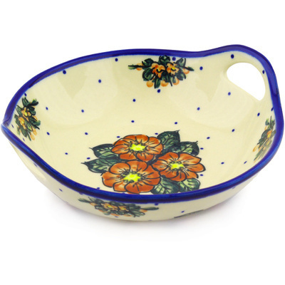 Polish Pottery Bowl with Handles 10&quot; Red Bouquet