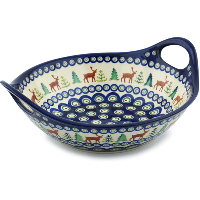 Polish Pottery Bowl with Handles 10&quot; Reindeer In The Pines