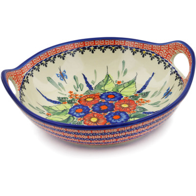 Polish Pottery Bowl with Handles 10&quot; Spring Splendor