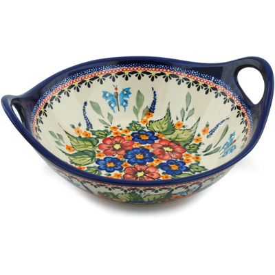 Polish Pottery Bowl with Handles 10&quot; Spring Splendor UNIKAT