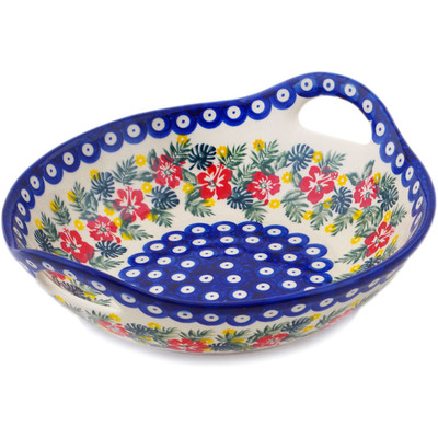 Polish Pottery Bowl with Handles 10&quot; Tropical Peacock UNIKAT