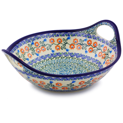 Polish Pottery Bowl with Handles 10&quot; Tulip Vines