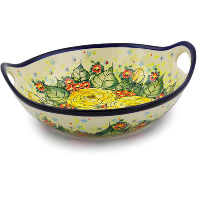 Polish Pottery Bowl with Handles 10&quot; Yellow Blooming Rose UNIKAT