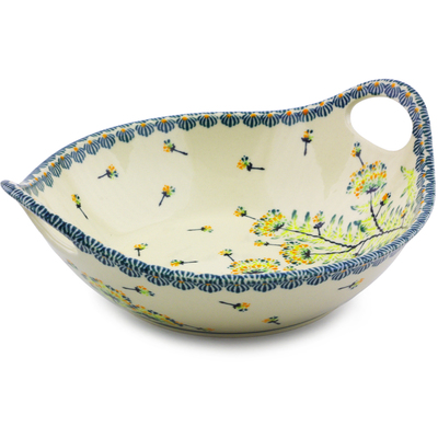 Polish Pottery Bowl with Handles 10&quot; Yellow Dandelions