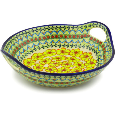 Polish Pottery Bowl with Handles 10&quot; Yellow Sunshine