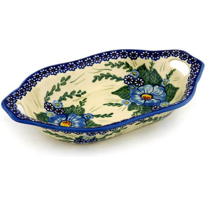 Polish Pottery Bowl with Handles 11&quot; Blue Bouquet