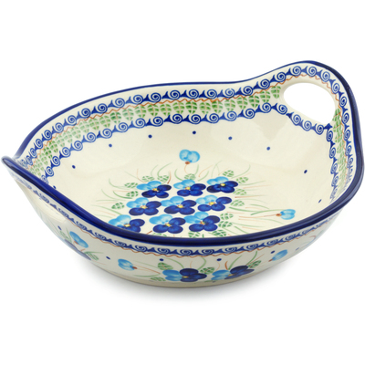 Polish Pottery Bowl with Handles 11&frac12;-inch Blue Pansy