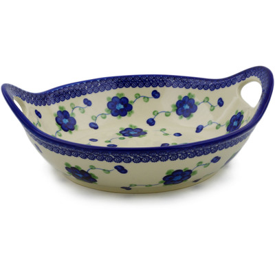 Polish Pottery Bowl with Handles 11&frac12;-inch Blue Poppies