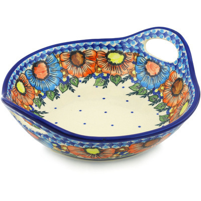 Polish Pottery Bowl with Handles 11&frac12;-inch Bold Poppies