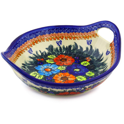 Polish Pottery Bowl with Handles 11&frac12;-inch Butterfly Splendor