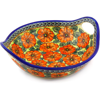 Polish Pottery Bowl with Handles 11&frac12;-inch Fiery Poppies UNIKAT