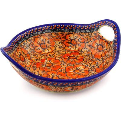 Polish Pottery Bowl with Handles 11&frac12;-inch Fire Poppies UNIKAT