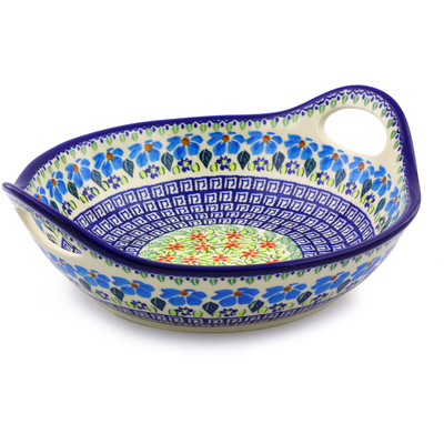 Polish Pottery Bowl with Handles 11&frac12;-inch Pansy Morning