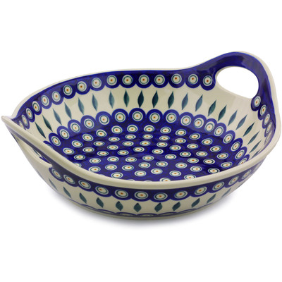 Polish Pottery Bowl with Handles 11&frac12;-inch Peacock