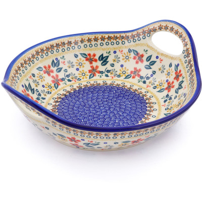 Polish Pottery Bowl with Handles 11&frac12;-inch Red Anemone Meadow UNIKAT