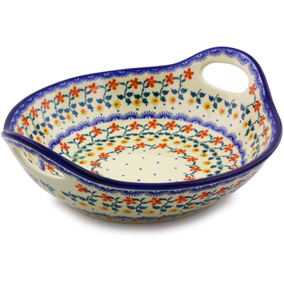 Polish Pottery Bowl with Handles 11&frac12;-inch Red Sunflower