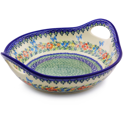 Polish Pottery Bowl with Handles 11&frac12;-inch Ring Of Flowers UNIKAT
