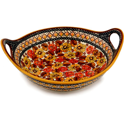 Polish Pottery Bowl with Handles 12-inch Autumn Glow UNIKAT