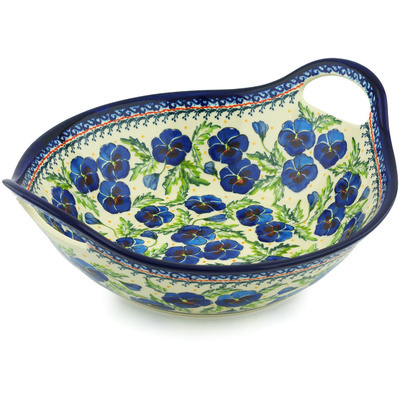 Polish Pottery Bowl with Handles 12-inch Blooming Blue Pansies UNIKAT